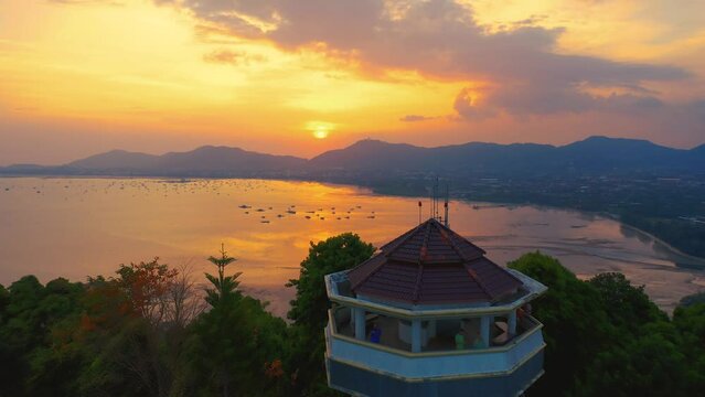 Aerial view on Kao-Khad Views Tower. Famous Tourists place when you can enjoy the 360-degree view such as Chalong bay, Panwa cape, around Phuket including Phuket city.