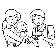 笑顔の赤ちゃんと母親と男性保育士