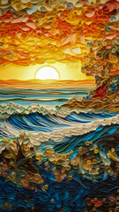 Obraz premium Paper quilling art representing a landscape with water, sky and trees. Created with Generative AI technology.