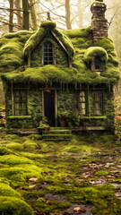 Old traditional house covered in moss. Created with Generative AI technology.