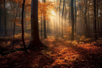 Autumn forest landscape, orange golden foliage, AI Generated