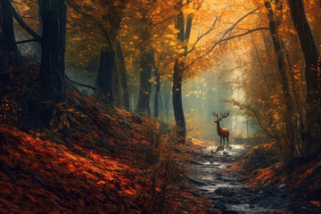 Autumn forest landscape, orange golden foliage, AI Generated