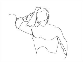 Continuous line drawing of a man drying his hair with a towel bathroom 