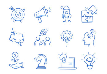 Business idea, startup doodle line icon set. Hand drawn doodle sketch line style business strategy, finance goal concept. Rocket, target, brain cute element. Vector illustration