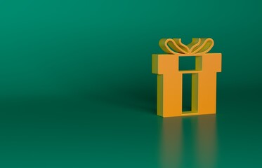 Orange Gift box icon isolated on green background. Valentines day. Minimalism concept. 3D render illustration