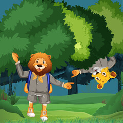 Lion and Cheetah with Safari Suit Jungle Camping at Night Children Illustration