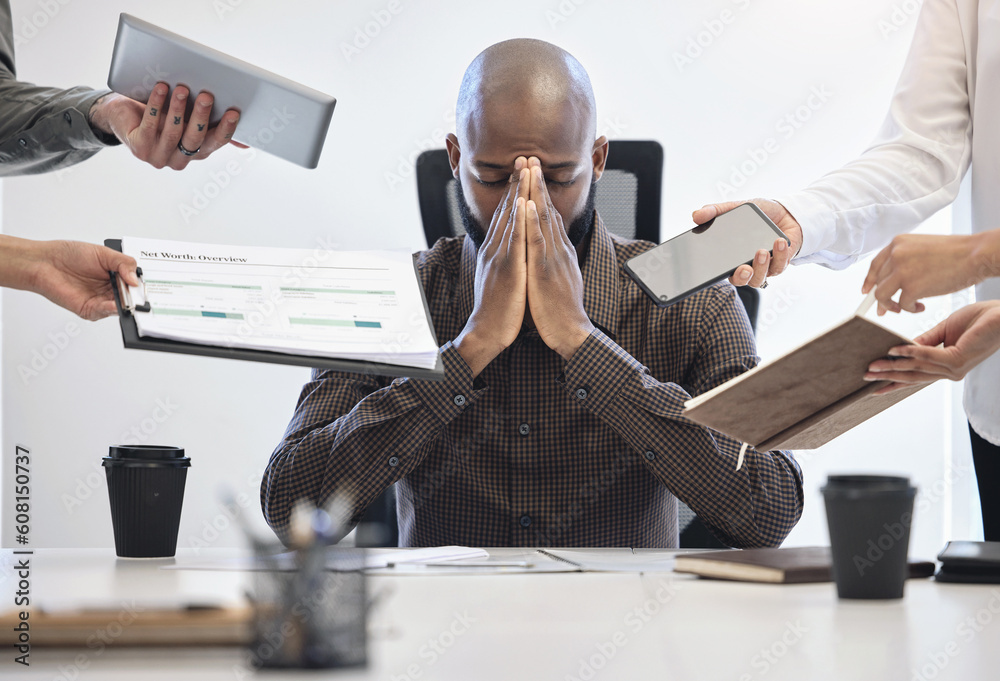 Poster work stress, hands and tired black man in a meeting for planning with burnout from commitment. menta