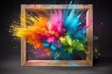 Product display frame with colorful powder paint explosion. Created with Generative AI technology.