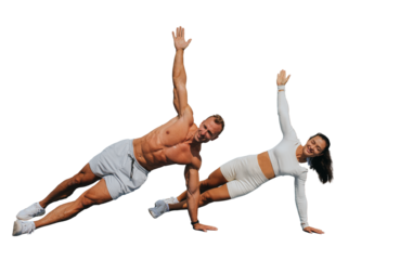 Happy caucasian athlete couple in sportswear doing side plank smiling looking at camera against transparent background. Fitness concept, yoga. Trainer showing how to do exercise.