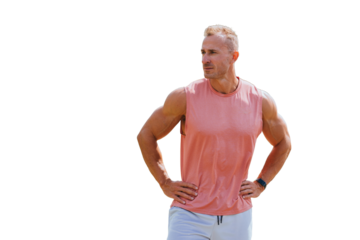 Strong caucasian man in sportswear standing looks aside, tired after workout against transparent background. Bodybuilder ready for training. Fitness trainer waiting for client. Strong people.