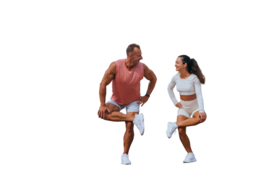 Swedish young adult man in sportswear training with wife against transparent background. Caucasian couple warming up before functional training. Cheerful tanned woman looks at trainer.