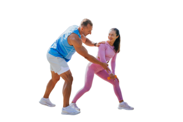 Handsome caucasian trainer explains how to do exercise to female client against transparent background. Brunette woman training with dumbbells, smiles satisfied by workout. Personal trainer