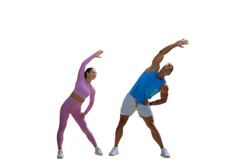 Fototapeta na wymiar Cheerful caucasian couple in sportswear warming up stretching against transparent background. Spot, fitness, healthy people. Handsome fitness trainer with female client at exercise.
