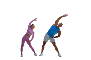 Cheerful caucasian couple in sportswear  warming up stretching against transparent background. Spot, fitness, healthy people. Handsome fitness trainer with female client at exercise.