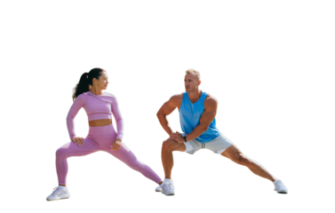 American couple in sportswear stretching, warming up against transparent background. Handsome caucasian male trainer at exercise with female client. Sport, fitness, healthy lifestyle.