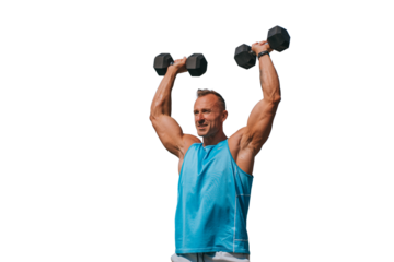 Handsome American man in blue t-shirt trains with dumbbells looks away happily against transparent background. Strong male bodybuilder at exercise with weights. Sporty people.