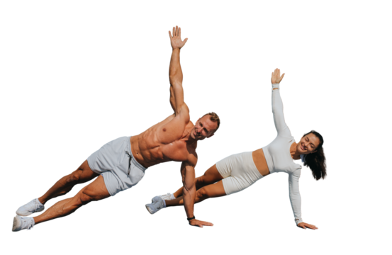 Happy caucasian athlete couple in sportswear doing side plank smiling looking at camera against transparent background. Fitness concept, yoga. Trainer showing how to do exercise. - Powered by Adobe