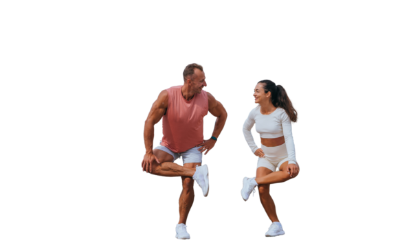 Swedish young adult man in sportswear training with wife against transparent background. Caucasian couple warming up before functional training. Cheerful tanned woman looks at trainer.