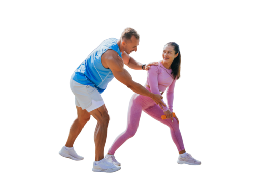 Handsome caucasian trainer explains how to do exercise to female client against transparent background. Brunette woman training with dumbbells, smiles satisfied by workout. Personal trainer