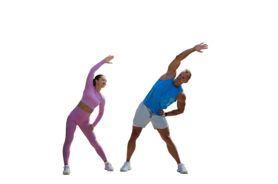 Cheerful caucasian couple in sportswear  warming up stretching against transparent background. Spot, fitness, healthy people. Handsome fitness trainer with female client at exercise.