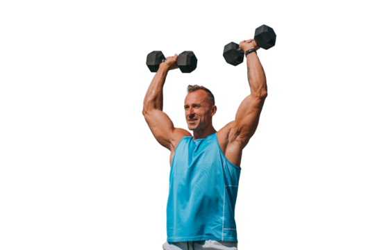 Handsome American man in blue t-shirt trains with dumbbells looks away happily against transparent background. Strong male bodybuilder at exercise with weights. Sporty people.