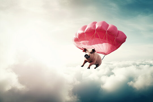 funny pig is flying on parachute in sky. Generative AI