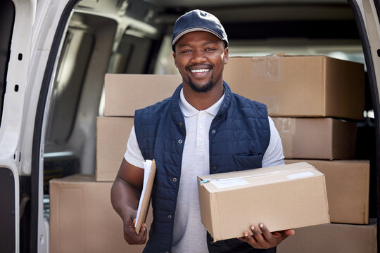 Delivery man, transport and black man with a box and smile outdoor for shipping or courier service. Portrait of happy african person or driver with cardboard package at van from commercial supplier