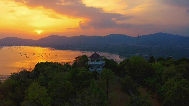 Aerial view on Kao-Khad Views Tower. Famous Tourists place when you can enjoy the 360-degree view such as Chalong bay, Panwa cape, around Phuket including Phuket city.