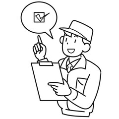 バインダーを片手に指差しをする作業着の男性の上半身