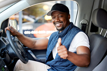 Delivery guy, transport or man driving with thumbs up, shipping or courier service. Happy black person, portrait or driver for like, support emoji or hand sign in van, cargo vehicle or transportation - obrazy, fototapety, plakaty
