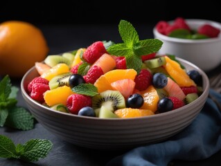 A bowl of fruit salad with a mint leaf on the side