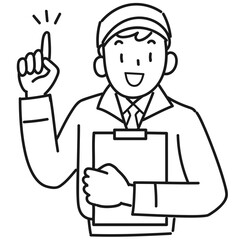 バインダーを片手に指差しをする作業着の男性の上半身