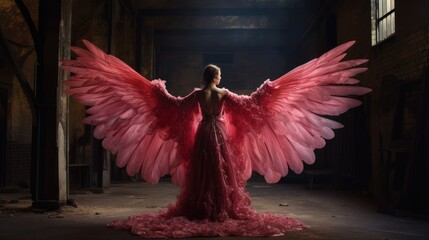 A woman in a pink dress with wings spread