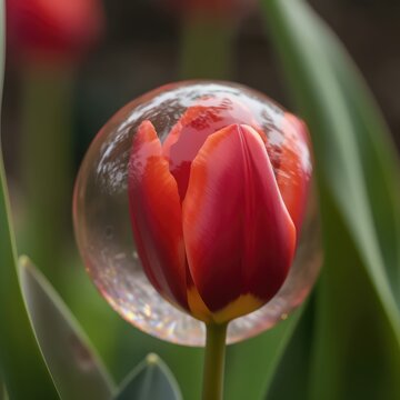 A tulip balb being inside a bubble