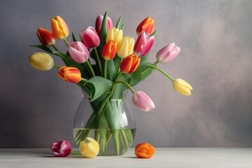 Colorful tulips in vase on pale background