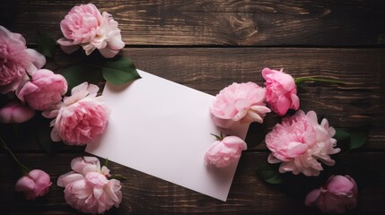 Pink flowers on a wooden background with a blank white sheet