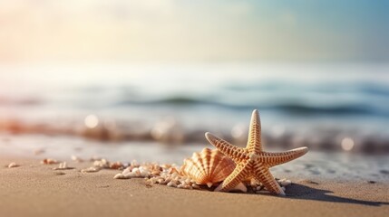 Seaside summer beach with starfish shells coral on sand