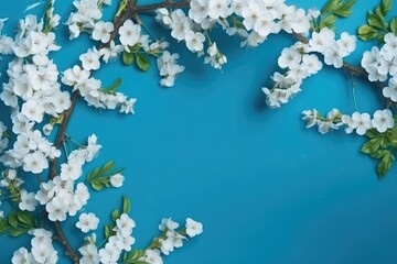 Spring white blossom branches as border on blue