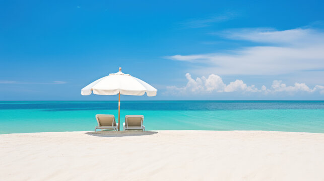 Two sunbeds under a parasol on a tropical empty paradise beach with blue sky, turquoise sea and white sand. Romantic Summer vacation, honeymoon concept. Banner with copy space for text. Generative AI.