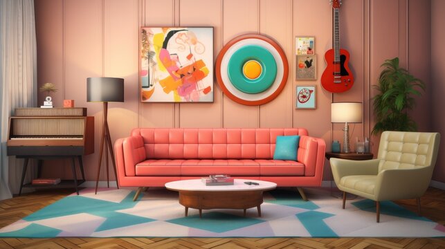 Retro Living Room Interior. Generative AI