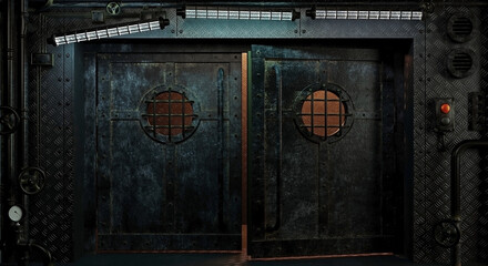 Ship cyberpunk doors made of old metal panels