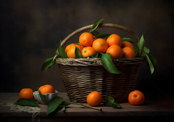 Fototapeta na wymiar Fresh Oranges and Green Leaves in a Rustic Wooden Basket in dark