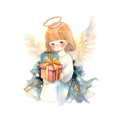 Christmas Angel with gift watercolor. Isolated vector illustration. Holiday background, poster vector illustration. Vector collection. Vector drawing.