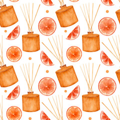Watercolor pattern, aroma diffuser with sticks, orange slices on a white background. For wrapping, home products, etc.