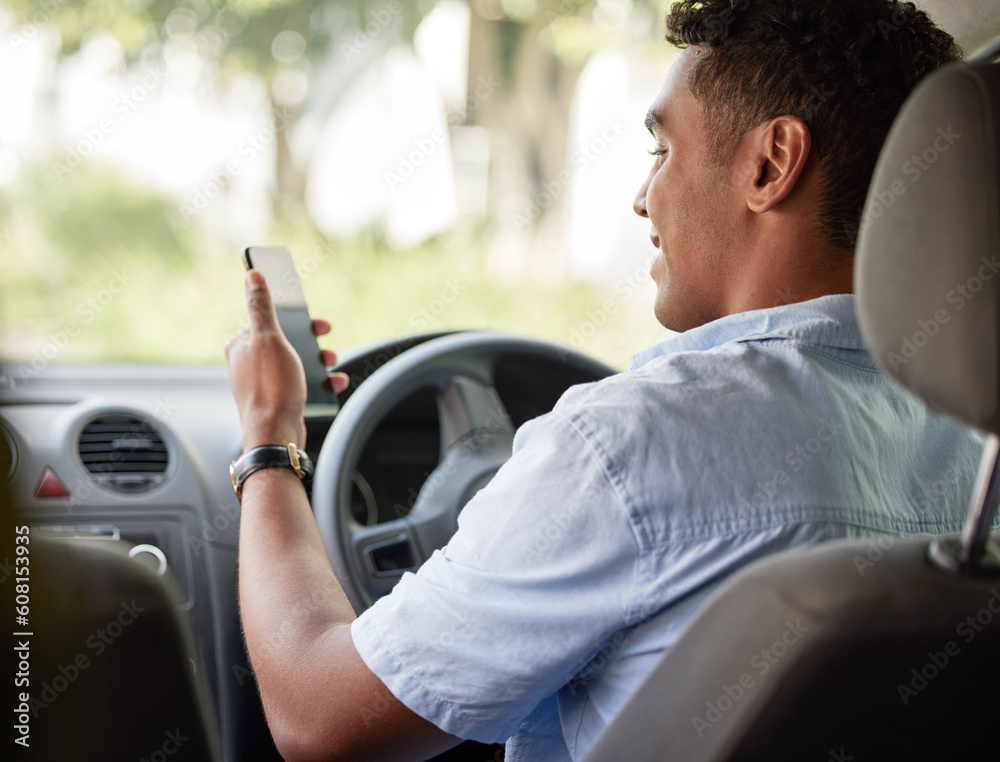 Aufkleber delivery man sitting in car with phone, smile and checking location, order or online map for logisti