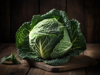 Green cabbage on a wooden table - obrazy, fototapety, plakaty