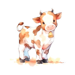 Cow watercolor tender warm colors, appeasement, pasture, white, brown, full height, nature, farm, agriculture, village, farmer, care, milk. Animals concept. Vector illustration.