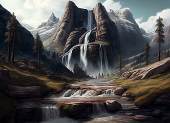 A striking view of a rugged rocky mountain, standing tall beside a dynamic waterfall and river, its clear waters dancing and tumbling over stones in an endless symphony of nature melody.
