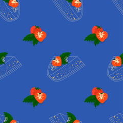 Cheesecake and strawberries on a blue background