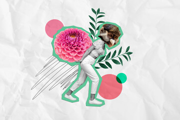 Full body photo of funny monkey collage nature love carry huge pink flower greeting card peony springtime isolated on white background